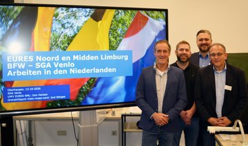 Don Hensen, Marco Minten, Markus Mattheis und Juul Stinges bei der Informationsveranstaltung „Arbeiten in den Niederlanden“ im BFW Oberhausen.